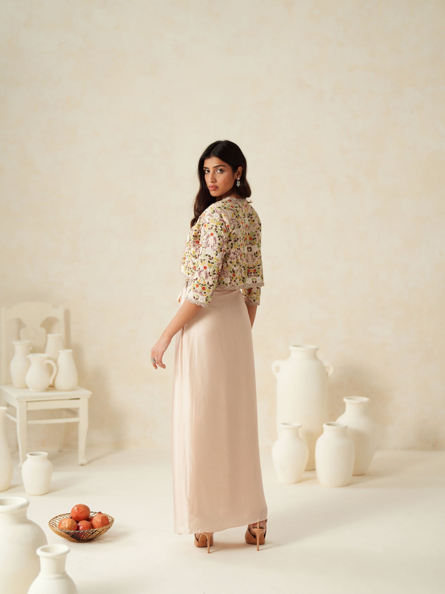 Blush Pink Semi Silk Embellished Jacket - Skirt Set