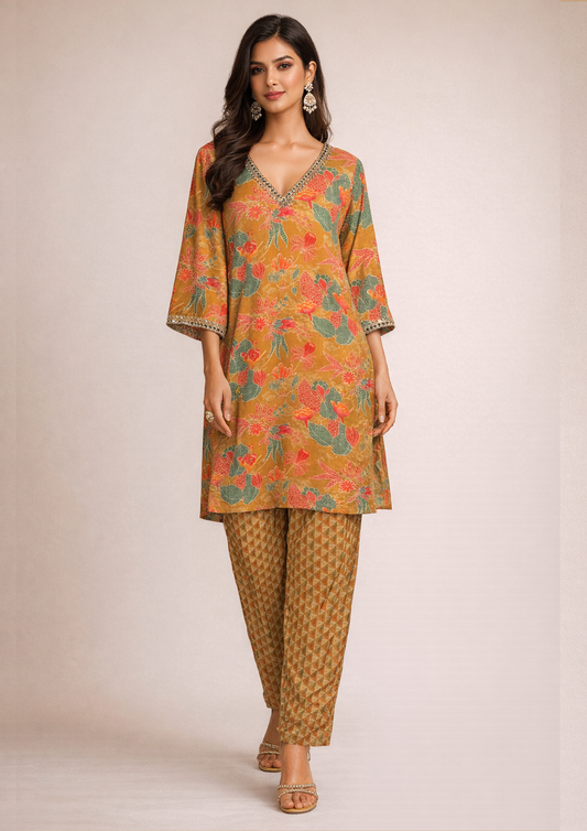 Printed Golden Mirror Work Co-ord Set