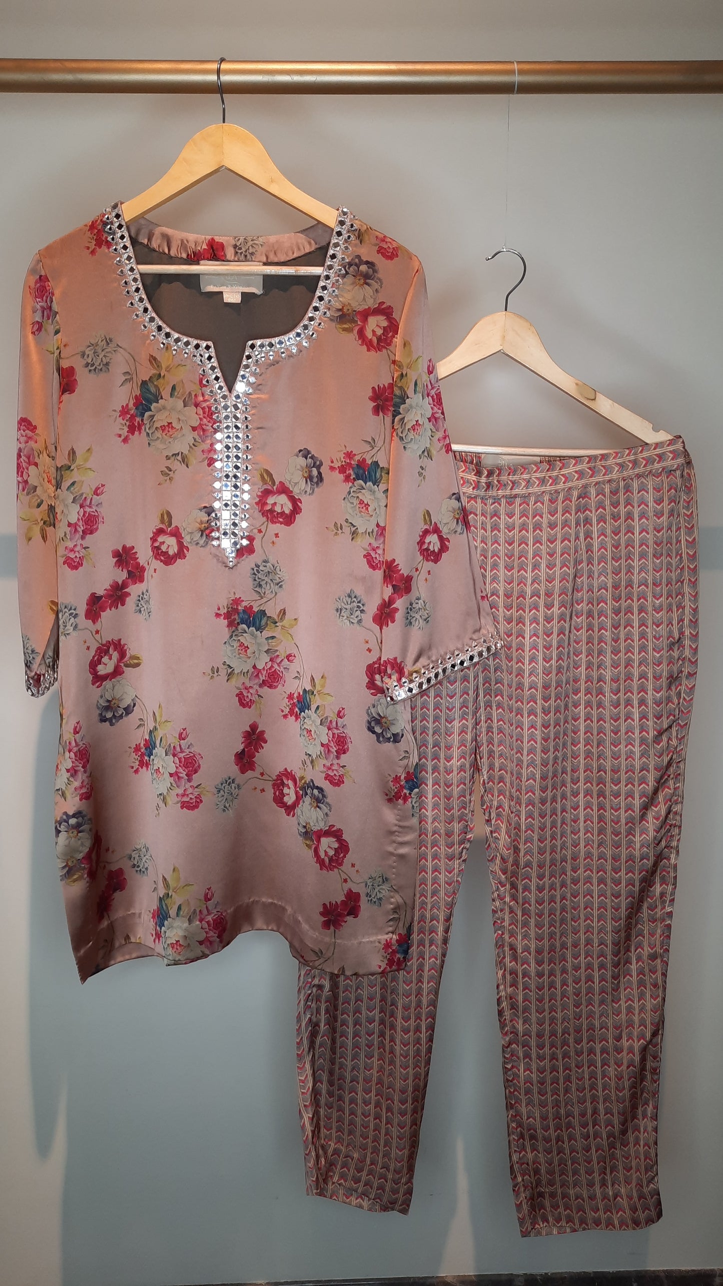 Embellished Floral Satin Printed Coord Set