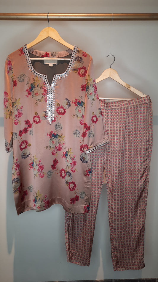 Embellished Floral Satin Printed Coord Set