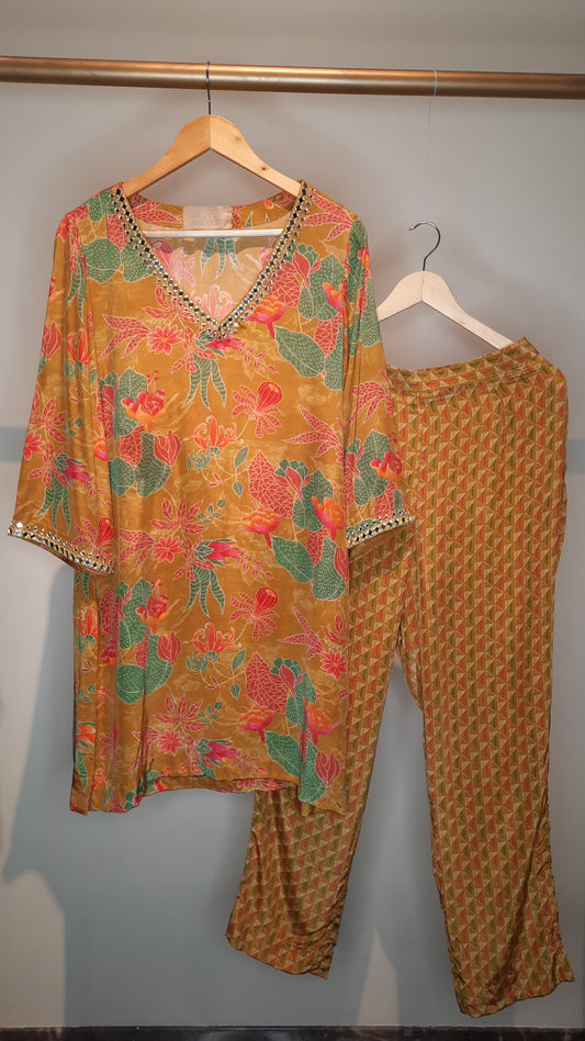 Printed Golden Mirror Work Co-ord Set