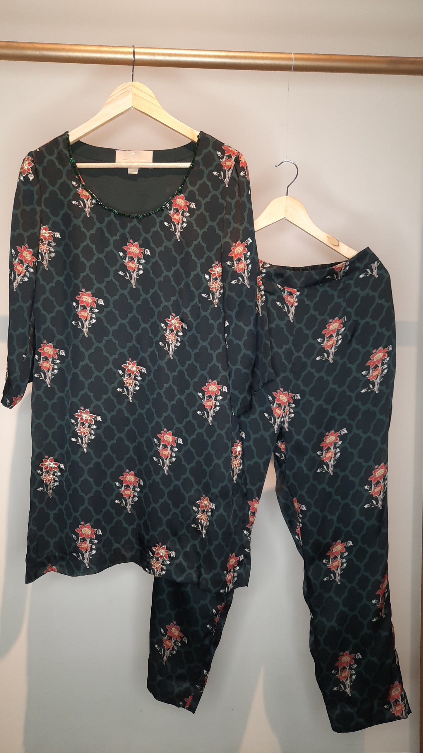 Printed Green Crepe Embellished Co-ord Set