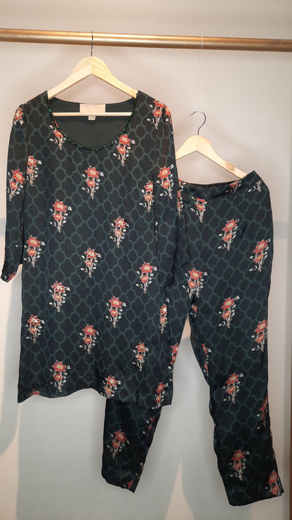 Printed Green Crepe Embellished Co-ord Set