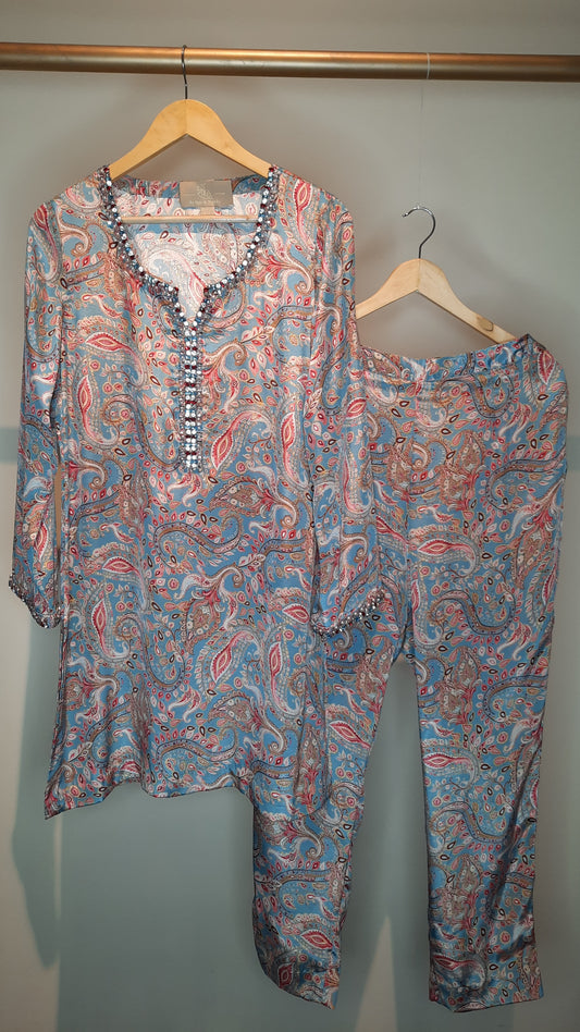 Blue Printed Stone Work Co-ord Set