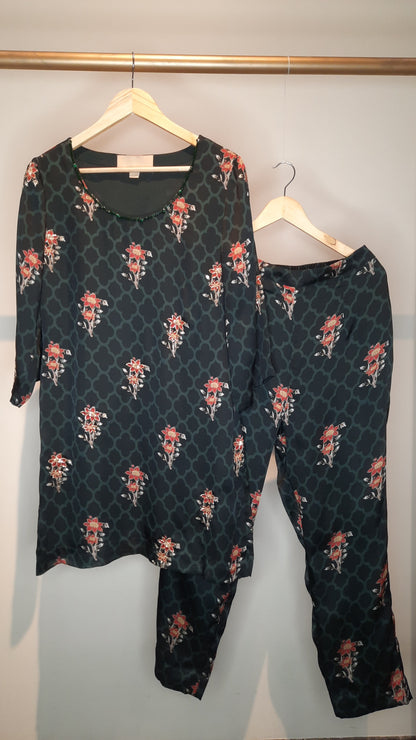 Printed Green Crepe Embellished Co-ord Set