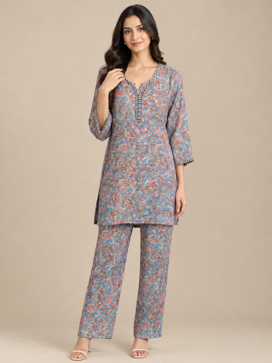 Blue Printed Stone Work Co-ord Set