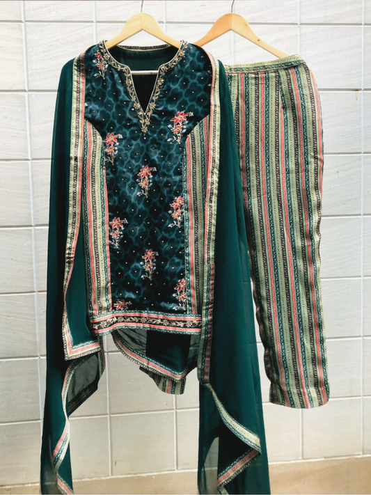 Green Modal Satin Printed Suit Set