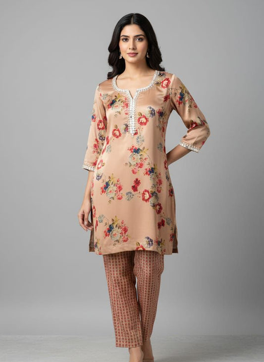 Embellished Floral Satin Printed Coord Set