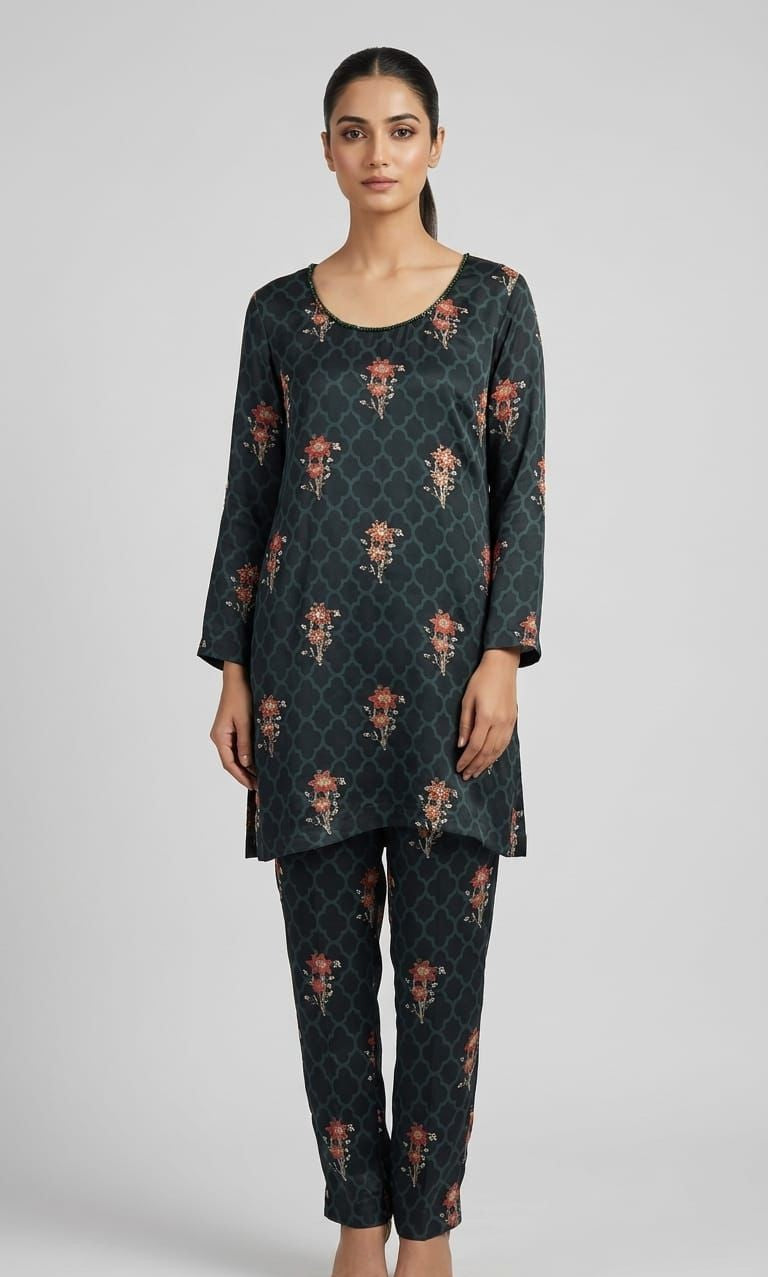 Printed Green Crepe Embellished Co-ord Set