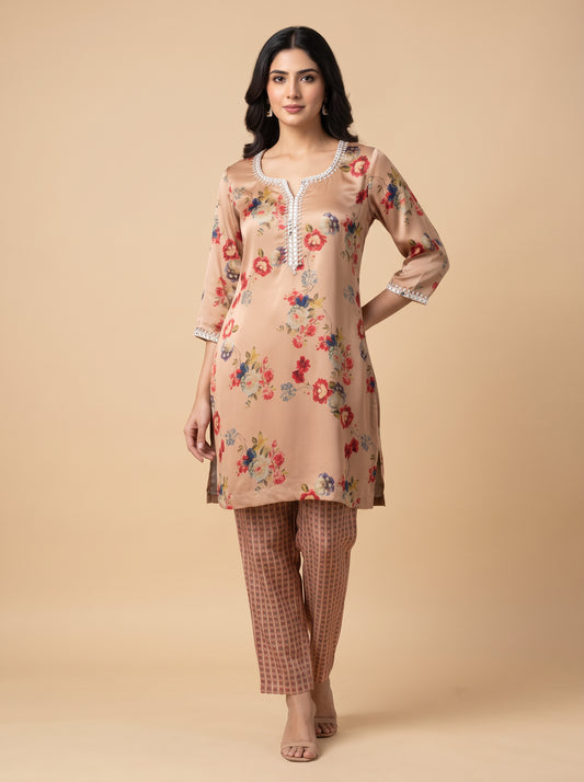 Embellished Floral Satin Printed Coord Set