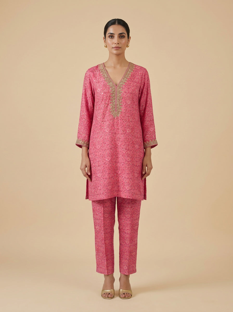 Pink Printed Muslin Co-ord Set