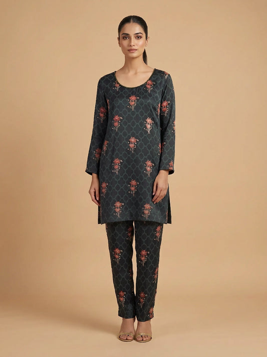 Printed Green Crepe Embellished Co-ord Set